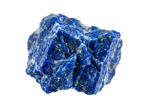 Lapis lazuli raw mineral specimen with deep blue color and pyrite inclusions, isolated on white background for geology and gemstone education