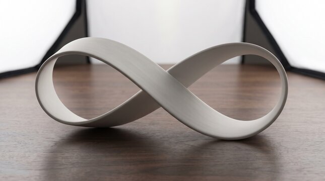 White mobius strip sculpture on wooden table with studio light boxes in background.