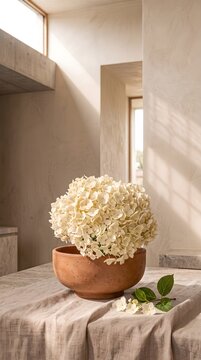 Fluffy White Hydrangea in a Low Terracotta Bowl on a Linen Tablecloth with Soft Window Light