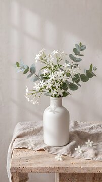 Delicate White Wildflowers and Eucalyptus Leaves in a White Ceramic Vase