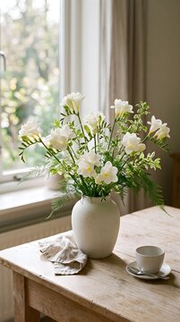 Small White Wildflowers in a Ceramic Jug on a Wooden Table Near a Sunlit Window