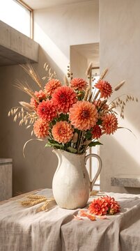 Rich Orange-Red Dahlias and Autumn Blooms in a White Ceramic Pitcher on a Table