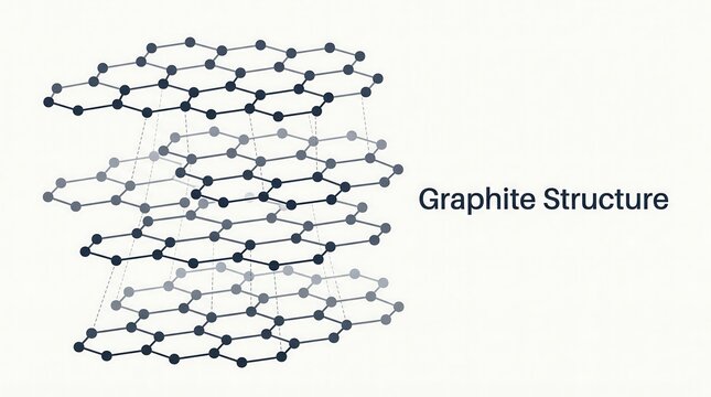 Graphite crystal structure 3d illustration showing hexagonal carbon layers with weak interplanar bonding for educational scientific display