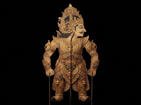 Gatotkaca Wayang Kulit golden armor hero puppet isolated black background