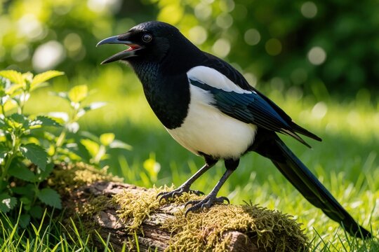 Black and white magpie bird sits on mossy tree branch in green garden. Avian animal opens beak to make sound or call. Wild bird perched on wood in summer nature park with soft bokeh background.