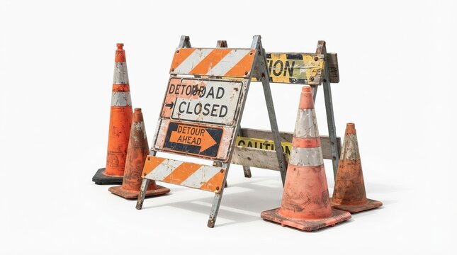 A Warning Set Of Traffic Cones And A Road Closed Sign Barrier Isolated On A Solid White Background.