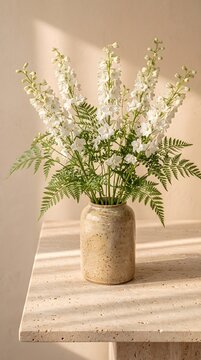 White Delphinium Flowers and Fern Greenery in a Beige Ceramic Vase on a Travertine Stone Slab