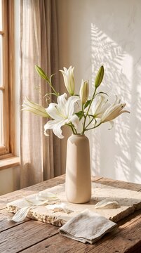 Fresh White Lilies in a Slim Beige Ceramic Vase on a Wooden Table with Soft Morning Sun