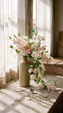 Soft Pastel Spring Floral Arrangement in a Neutral Ceramic Jug on a Sunlit Tabletop