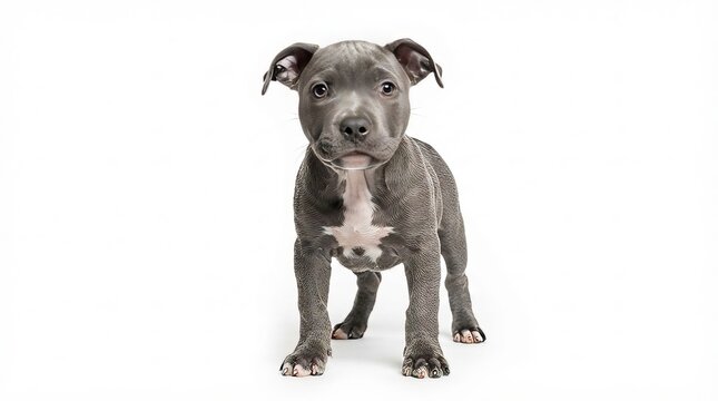 An adorable gray Staffordshire Bull Terrier puppy standing proudly against a clean white backdrop.