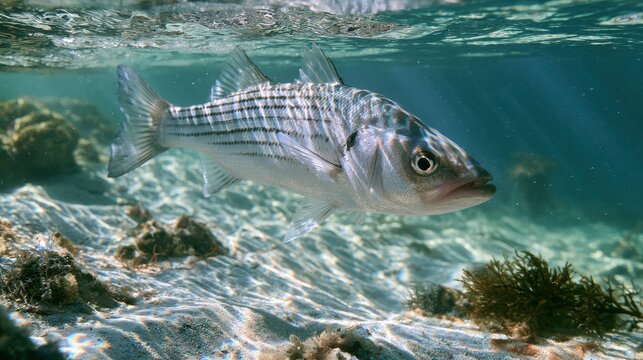 Underwater portrait of a striped bass with dark vertical stripes and gentle currents