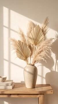 Dried Palm Leaves and Pampas Grass in a Beige Ceramic Vase on a Wooden Tabletop