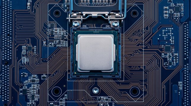 Computer CPU on motherboard background with electronic circuit lines and microchip for artificial intelligence and data processing technology hardware