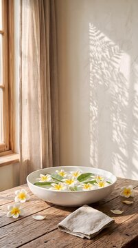 White Flowers Floating in a Shallow Bowl on a Rustic Wooden Table with Linen Napkin