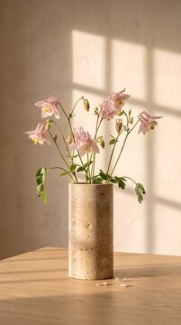 Soft Pink Columbine Flowers in a Rustic Wooden Cylinder Vase on a Wooden Table