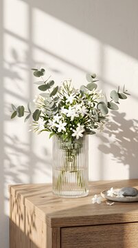 White Wildflowers and Eucalyptus Branches in a Ribbed Glass Vase on a Wooden Shelf
