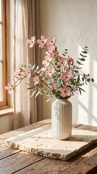 Pink Cosmos Flowers in a White Ribbed Vase on a Stone Slab and Wooden Table