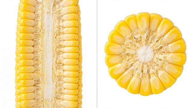 Fresh yellow corn cob cut vertically and horizontally displaying bright kernels captured on white background