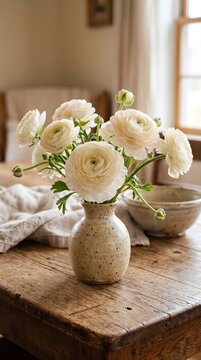 White Ranunculus Flowers in a Textured Beige Vase on a Wooden Table