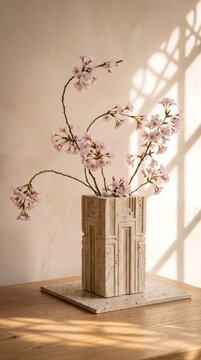 Delicate Pink Cherry Blossom Branches in a Modern Wooden Block Vase on a Table