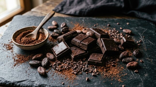 Chocolate pieces and cocoa beans arranged on dark surface with powder for food packaging design
