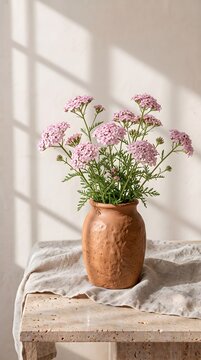 Pink Cluster Flowers in a Rustic Brown Clay Vase on a Draped Wooden Table