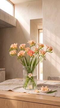 Peach and Orange Tulips in a Clear Glass Vase on a Wooden Table with Natural Light