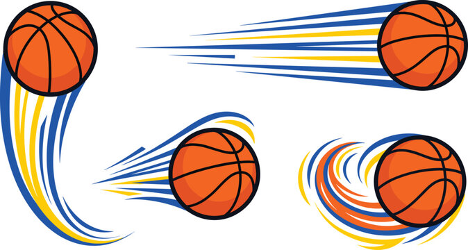 Basketball vector graphic collection featuring orange balls flying through the air with blue and yellow speedlines