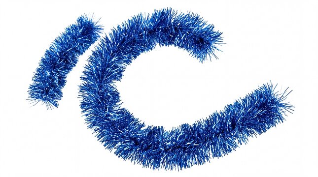 Blue tinsel garland arranged in elegant curved shapes isolated on a bright clean on white background