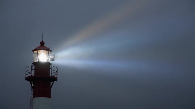 Lighthouse Beacon Illuminating Foggy Night Sky, Navigation Aid, Coastal Safety