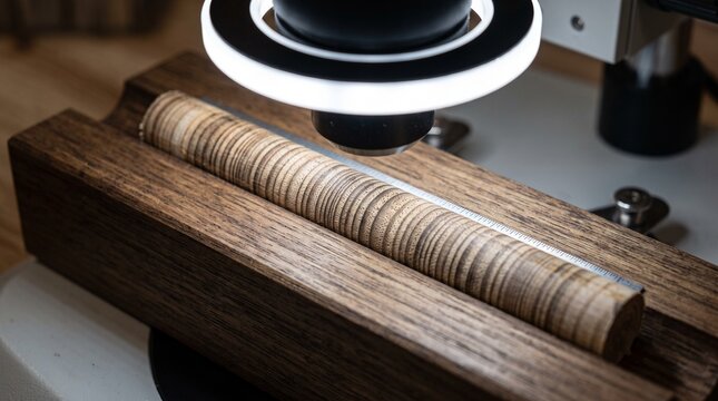 Detailed close up photograph capturing a wooden cylinder sample being analyzed underneath a bright glowing laboratory microscope