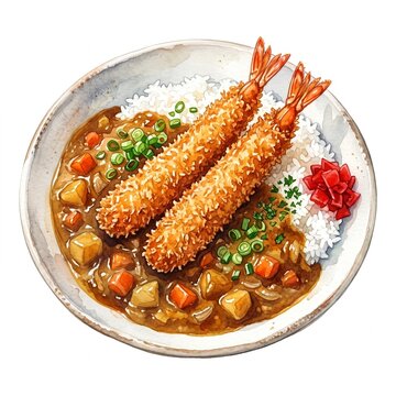 Watercolor illustration of rich Japanese curry rice served with two crispy golden ebi furai fried shrimps, carrots, potatoes, green onions, and pickled radish, isolated on white background.