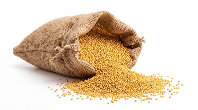 Burlap sack filled with golden mustard seeds spilling out onto a clean plain on white background