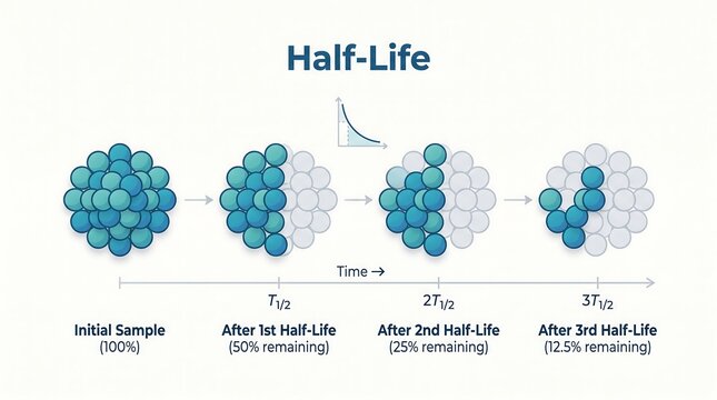 Scientific diagram of radioactive half-life showing sample decay over time with percentage remaining labels