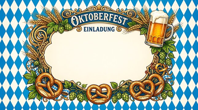 Oktoberfest invitation border with beer mugs pretzels and hops on blue pattern