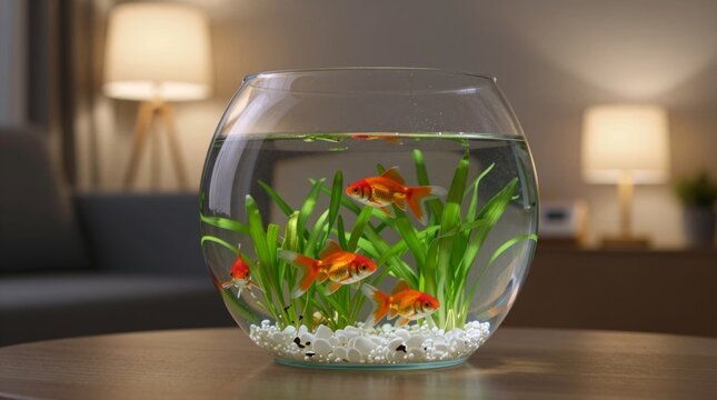 A charming goldfish bowl filled with vibrant fish and green aquatic plants, set in a cozy living room, enhancing tranquility and natural beauty in any space.