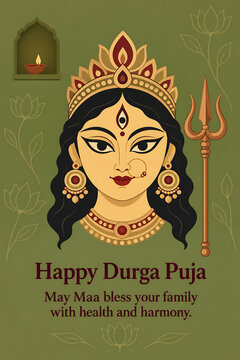 Traditional goddess durga illustration with trishul lotus motifs and glowing diya celebrating durga puja and navratri hindu festival spiritual greeting card design