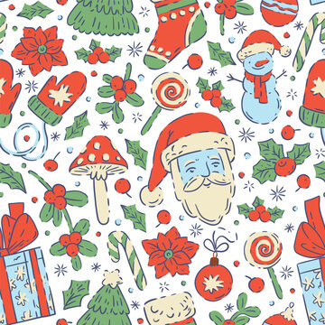 Seamless Santa Claus and snowman Christmas pattern with mittens, stockings and gift boxes on white background