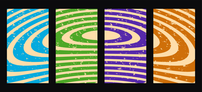 Set of Four 60s and 70s Style Retro Distressed Concentric Oval Art Templates with Groovy Optical Illusion Design Layouts