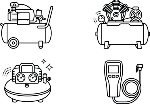 Industrial air compressor machine and pneumatic pressure tool vector outline icon set isolated on white background