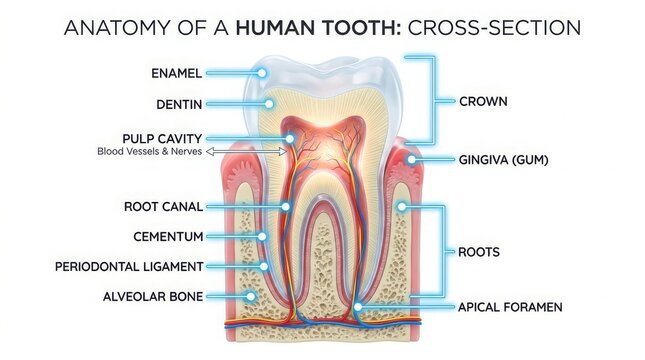 Educational diagram showing the anatomy of a human tooth cross section illustration