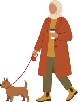 Flat Muslim Woman Walking Small Dog holding Coffee Cup Wearing Brown Trench Coat Vector Illustration   