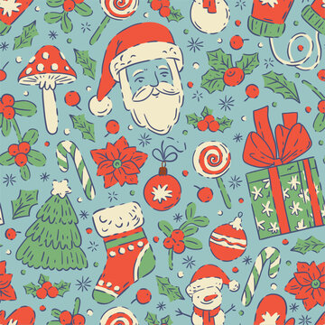 Seamless Santa Claus Christmas pattern with gift box, stocking and poinsettia on blue background