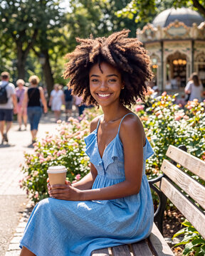 Young african american woman in blue dress with takeaway coffee cup sitting on bench in park.
