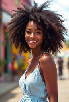 Portrait of smiling young black woman with afro hair wearing blue dress on city street.