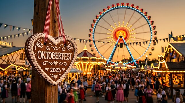 Oktoberfest gingerbread heart hanging at a crowded funfair with a ferris wheel