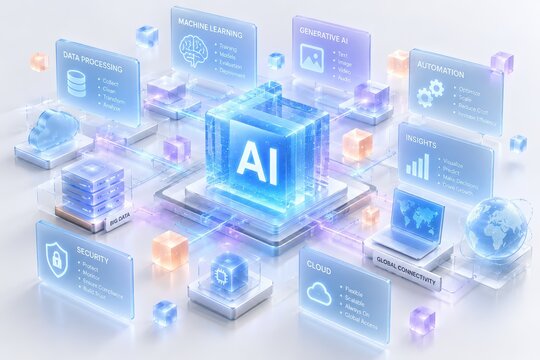 Artificial Intelligence Ecosystem: A glowing cube labeled AI sits at the center of a digital network, surrounded by holographic displays showcasing data, security, cloud computing, and automation.