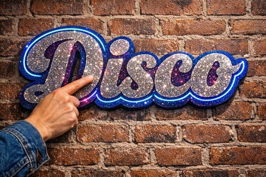 A person is pointing to a disco sign on a brick wall