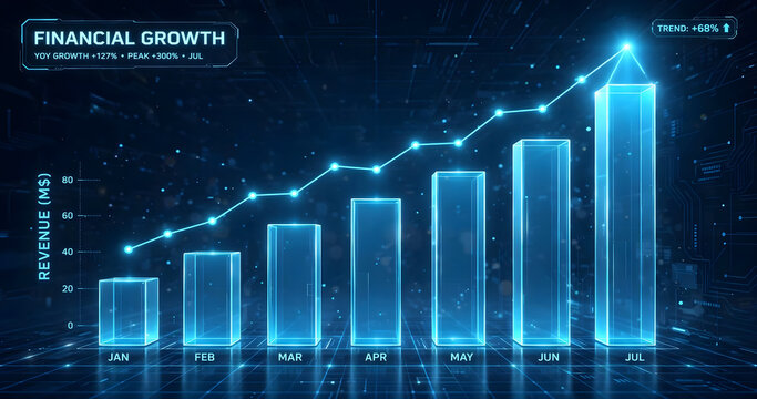 Futuristic Financial Growth Bar Chart with Revenue Data - Business Analytics and Trend Dashboard