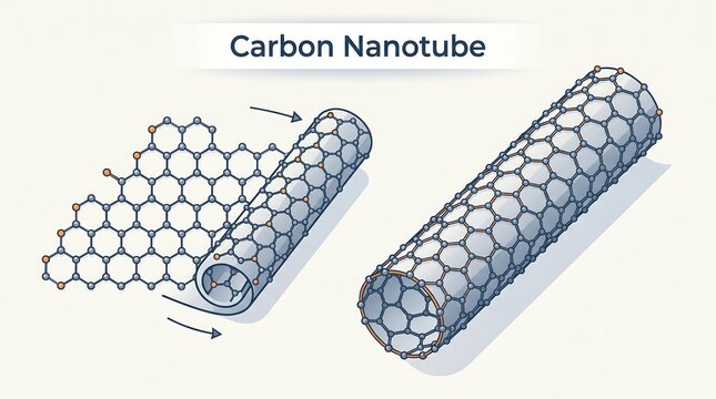 Detailed scientific vector illustration of graphene sheet rolling into a cylinder to form a single walled carbon nanotube for chemistry research